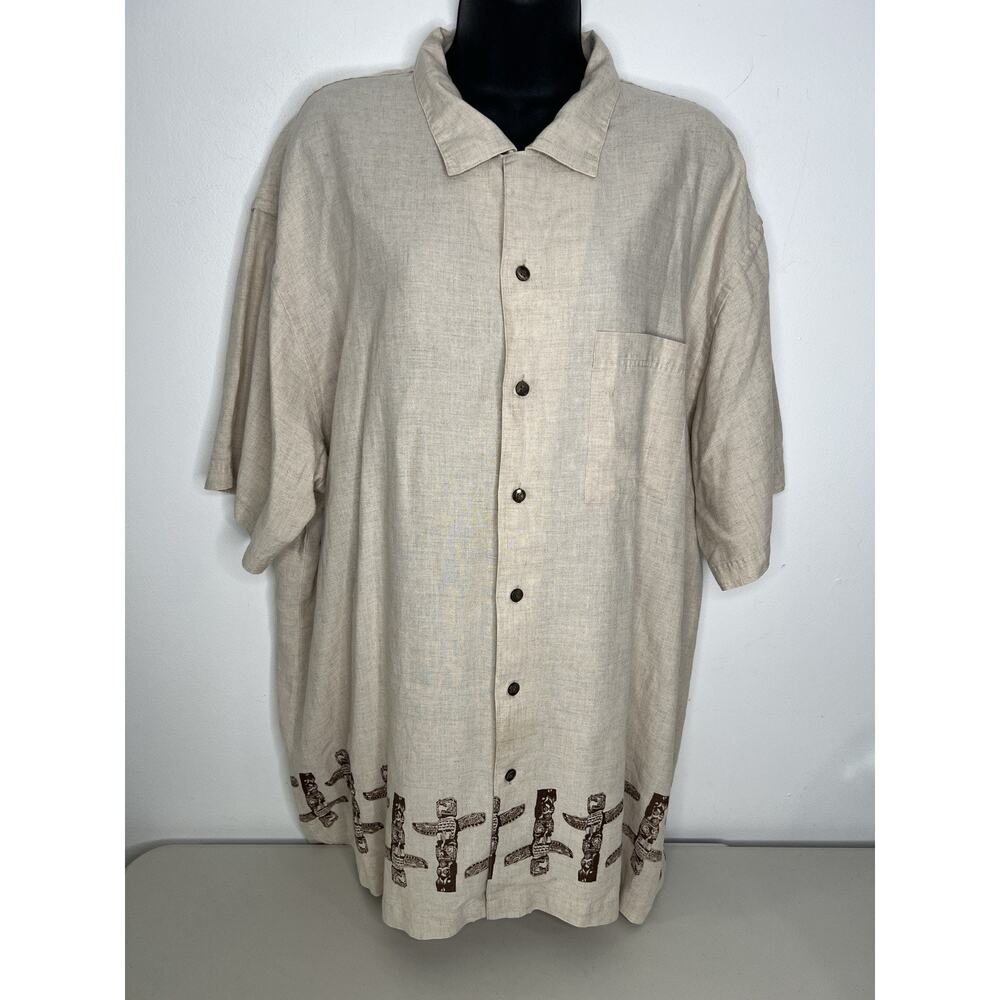 Greg Norman Collection Men's Button Down Tiki Linen Shirt Tan Brown Size XL